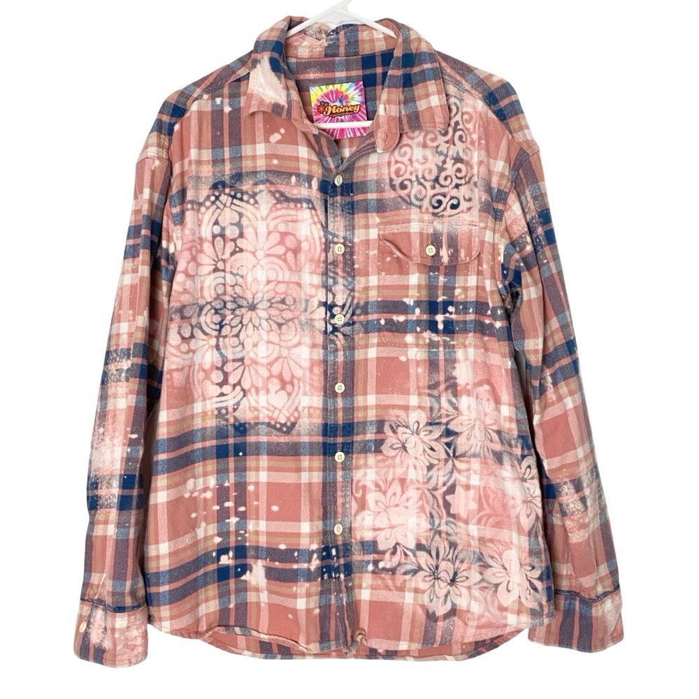 Handmade Pink Plaid Flannel Shirt Mens Size Medium Unisex Floral Upcycled Cotton